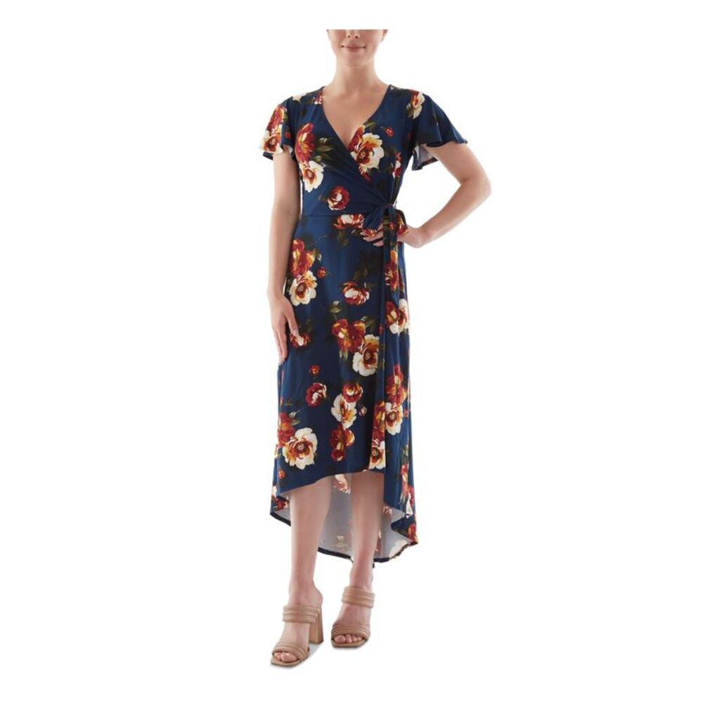 BCX DRESS Womens Navy Belted Pullover Styling Flutter Sleeve Midi Dress XXS